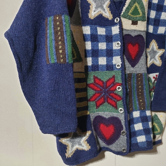 Signatures by Northern Isles Wool Handknit Patchwork Wool Cardigan Sweater, sz M - Picture 2 of 12
